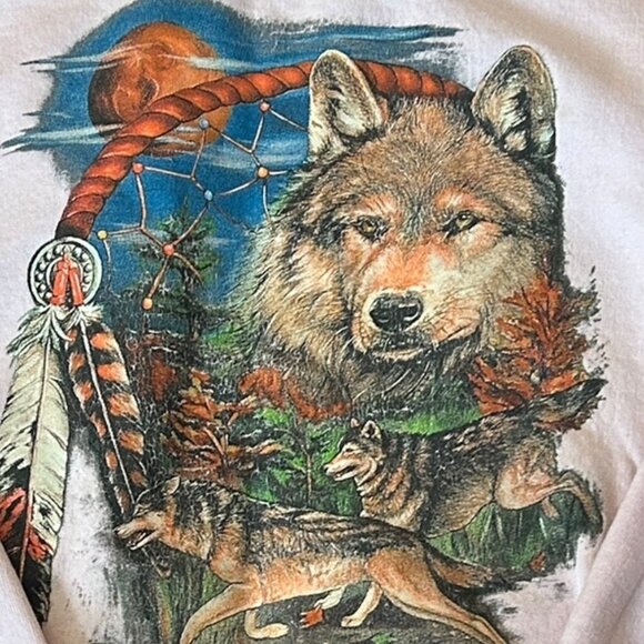Vintage Pink Wolf Graphic Sweatshirt Sz S 90s Crew Neck Cotton Tribal Print Y2K - Picture 2 of 5